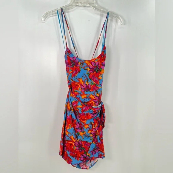 Lost + Wander Hydra Springs Red Blue Floral Wrap Mini Dress Strappy M Medium